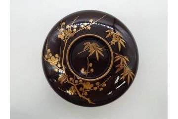 明治〜大正期　輪島塗　沈金蒔絵　木製　梅竹図　艶やかな質感が美しい蓋付お椀6客セット(漆器、漆芸、金彩、和食器)(R-077230)