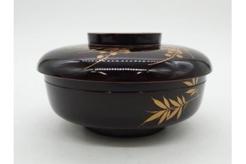 明治〜大正期　輪島塗　沈金蒔絵　木製　梅竹図　艶やかな質感が美しい蓋付お椀6客セット(漆器、漆芸、金彩、和食器)(R-077230)
