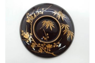 明治〜大正期　輪島塗　沈金蒔絵　木製　梅竹図　艶やかな質感が美しい蓋付お椀6客セット(漆器、漆芸、金彩、和食器)(R-077230)