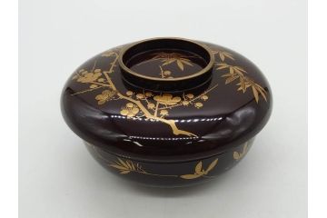 明治〜大正期　輪島塗　沈金蒔絵　木製　梅竹図　艶やかな質感が美しい蓋付お椀6客セット(漆器、漆芸、金彩、和食器)(R-077230)