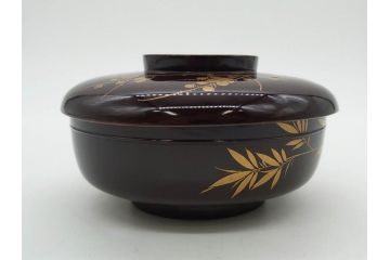 明治〜大正期　輪島塗　沈金蒔絵　木製　梅竹図　艶やかな質感が美しい蓋付お椀6客セット(漆器、漆芸、金彩、和食器)(R-077230)