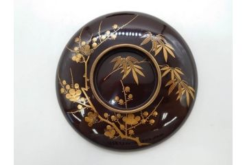 明治〜大正期　輪島塗　沈金蒔絵　木製　梅竹図　艶やかな質感が美しい蓋付お椀6客セット(漆器、漆芸、金彩、和食器)(R-077230)