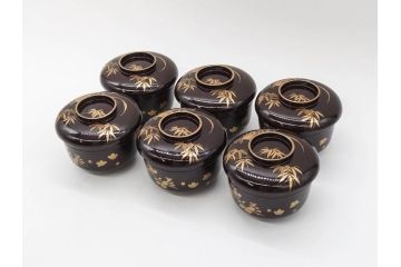 明治〜大正期　輪島塗　沈金蒔絵　木製　菊梅竹図　艶やかな質感が美しい蓋付お椀6客セット(漆器、漆芸、金彩、和食器)(R-077231)