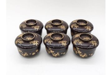 明治〜大正期　輪島塗　沈金蒔絵　木製　菊梅竹図　艶やかな質感が美しい蓋付お椀6客セット(漆器、漆芸、金彩、和食器)(R-077231)