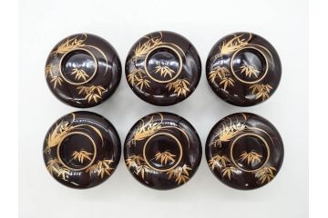 明治〜大正期　輪島塗　沈金蒔絵　木製　菊梅竹図　艶やかな質感が美しい蓋付お椀6客セット(漆器、漆芸、金彩、和食器)(R-077231)