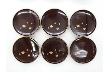 明治〜大正期　輪島塗　沈金蒔絵　木製　菊梅竹図　艶やかな質感が美しい蓋付お椀6客セット(漆器、漆芸、金彩、和食器)(R-077231)