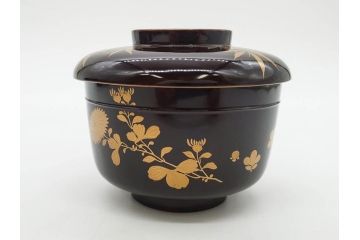 明治〜大正期　輪島塗　沈金蒔絵　木製　菊梅竹図　艶やかな質感が美しい蓋付お椀6客セット(漆器、漆芸、金彩、和食器)(R-077231)