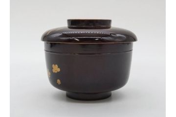 明治〜大正期　輪島塗　沈金蒔絵　木製　菊梅竹図　艶やかな質感が美しい蓋付お椀6客セット(漆器、漆芸、金彩、和食器)(R-077231)