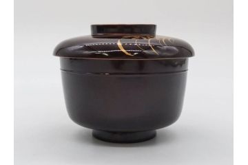 明治〜大正期　輪島塗　沈金蒔絵　木製　菊梅竹図　艶やかな質感が美しい蓋付お椀6客セット(漆器、漆芸、金彩、和食器)(R-077231)