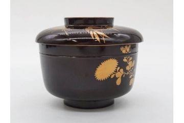 明治〜大正期　輪島塗　沈金蒔絵　木製　菊梅竹図　艶やかな質感が美しい蓋付お椀6客セット(漆器、漆芸、金彩、和食器)(R-077231)