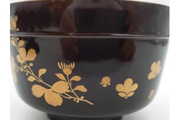 明治〜大正期　輪島塗　沈金蒔絵　木製　菊梅竹図　艶やかな質感が美しい蓋付お椀6客セット(漆器、漆芸、金彩、和食器)(R-077231)