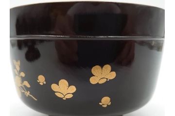 明治〜大正期　輪島塗　沈金蒔絵　木製　菊梅竹図　艶やかな質感が美しい蓋付お椀6客セット(漆器、漆芸、金彩、和食器)(R-077231)