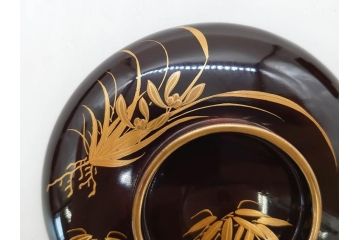 明治〜大正期　輪島塗　沈金蒔絵　木製　菊梅竹図　艶やかな質感が美しい蓋付お椀6客セット(漆器、漆芸、金彩、和食器)(R-077231)