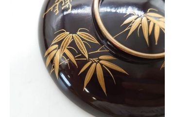 明治〜大正期　輪島塗　沈金蒔絵　木製　菊梅竹図　艶やかな質感が美しい蓋付お椀6客セット(漆器、漆芸、金彩、和食器)(R-077231)