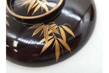 明治〜大正期　輪島塗　沈金蒔絵　木製　菊梅竹図　艶やかな質感が美しい蓋付お椀6客セット(漆器、漆芸、金彩、和食器)(R-077231)