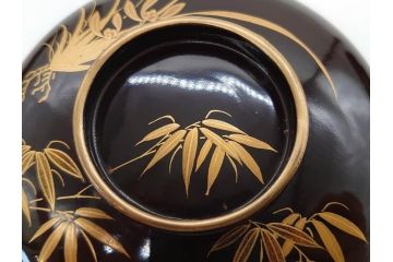 明治〜大正期　輪島塗　沈金蒔絵　木製　菊梅竹図　艶やかな質感が美しい蓋付お椀6客セット(漆器、漆芸、金彩、和食器)(R-077231)