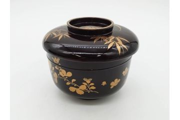明治〜大正期　輪島塗　沈金蒔絵　木製　菊梅竹図　艶やかな質感が美しい蓋付お椀6客セット(漆器、漆芸、金彩、和食器)(R-077231)