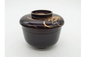 明治〜大正期　輪島塗　沈金蒔絵　木製　菊梅竹図　艶やかな質感が美しい蓋付お椀6客セット(漆器、漆芸、金彩、和食器)(R-077231)