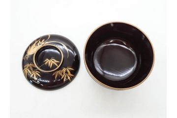 明治〜大正期　輪島塗　沈金蒔絵　木製　菊梅竹図　艶やかな質感が美しい蓋付お椀6客セット(漆器、漆芸、金彩、和食器)(R-077231)