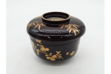 明治〜大正期　輪島塗　沈金蒔絵　木製　菊梅竹図　艶やかな質感が美しい蓋付お椀6客セット(漆器、漆芸、金彩、和食器)(R-077231)