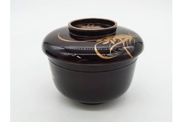 明治〜大正期　輪島塗　沈金蒔絵　木製　菊梅竹図　艶やかな質感が美しい蓋付お椀6客セット(漆器、漆芸、金彩、和食器)(R-077231)