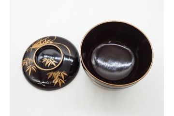 明治〜大正期　輪島塗　沈金蒔絵　木製　菊梅竹図　艶やかな質感が美しい蓋付お椀6客セット(漆器、漆芸、金彩、和食器)(R-077231)