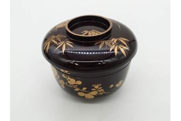 明治〜大正期　輪島塗　沈金蒔絵　木製　菊梅竹図　艶やかな質感が美しい蓋付お椀6客セット(漆器、漆芸、金彩、和食器)(R-077231)