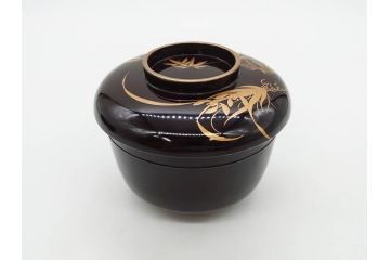 明治〜大正期　輪島塗　沈金蒔絵　木製　菊梅竹図　艶やかな質感が美しい蓋付お椀6客セット(漆器、漆芸、金彩、和食器)(R-077231)