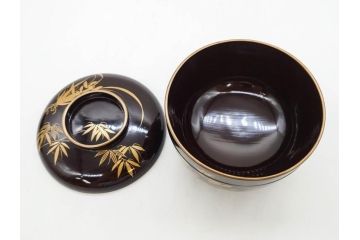 明治〜大正期　輪島塗　沈金蒔絵　木製　菊梅竹図　艶やかな質感が美しい蓋付お椀6客セット(漆器、漆芸、金彩、和食器)(R-077231)