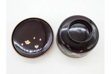 明治〜大正期　輪島塗　沈金蒔絵　木製　菊梅竹図　艶やかな質感が美しい蓋付お椀6客セット(漆器、漆芸、金彩、和食器)(R-077231)