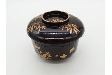 明治〜大正期　輪島塗　沈金蒔絵　木製　菊梅竹図　艶やかな質感が美しい蓋付お椀6客セット(漆器、漆芸、金彩、和食器)(R-077231)