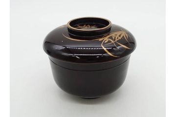 明治〜大正期　輪島塗　沈金蒔絵　木製　菊梅竹図　艶やかな質感が美しい蓋付お椀6客セット(漆器、漆芸、金彩、和食器)(R-077231)