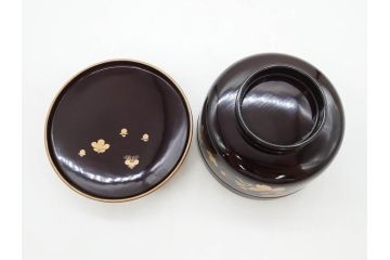明治〜大正期　輪島塗　沈金蒔絵　木製　菊梅竹図　艶やかな質感が美しい蓋付お椀6客セット(漆器、漆芸、金彩、和食器)(R-077231)