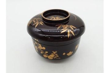 明治〜大正期　輪島塗　沈金蒔絵　木製　菊梅竹図　艶やかな質感が美しい蓋付お椀6客セット(漆器、漆芸、金彩、和食器)(R-077231)