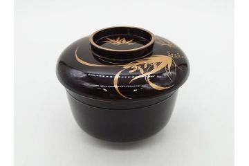 明治〜大正期　輪島塗　沈金蒔絵　木製　菊梅竹図　艶やかな質感が美しい蓋付お椀6客セット(漆器、漆芸、金彩、和食器)(R-077231)