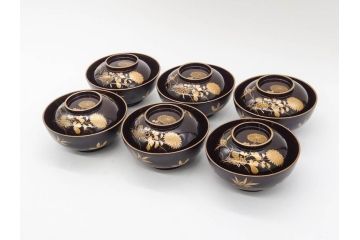 明治〜大正期　輪島塗　沈金蒔絵　木製　菊竹図　雅やかな図柄が素敵な蓋付お椀6客セット(漆器、漆芸、金彩、和食器)(R-077232)
