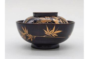 明治〜大正期　輪島塗　沈金蒔絵　木製　菊竹図　雅やかな図柄が素敵な蓋付お椀6客セット(漆器、漆芸、金彩、和食器)(R-077232)