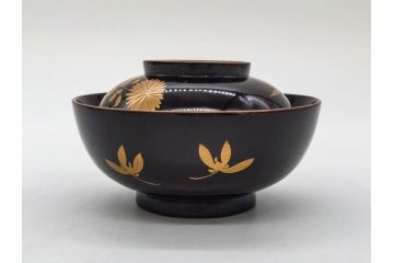 明治〜大正期　輪島塗　沈金蒔絵　木製　菊竹図　雅やかな図柄が素敵な蓋付お椀6客セット(漆器、漆芸、金彩、和食器)(R-077232)