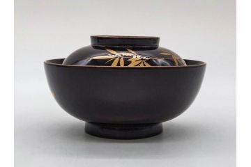 明治〜大正期　輪島塗　沈金蒔絵　木製　菊竹図　雅やかな図柄が素敵な蓋付お椀6客セット(漆器、漆芸、金彩、和食器)(R-077232)