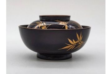 明治〜大正期　輪島塗　沈金蒔絵　木製　菊竹図　雅やかな図柄が素敵な蓋付お椀6客セット(漆器、漆芸、金彩、和食器)(R-077232)