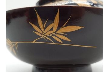 明治〜大正期　輪島塗　沈金蒔絵　木製　菊竹図　雅やかな図柄が素敵な蓋付お椀6客セット(漆器、漆芸、金彩、和食器)(R-077232)