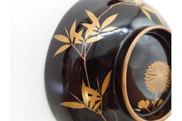 明治〜大正期　輪島塗　沈金蒔絵　木製　菊竹図　雅やかな図柄が素敵な蓋付お椀6客セット(漆器、漆芸、金彩、和食器)(R-077232)