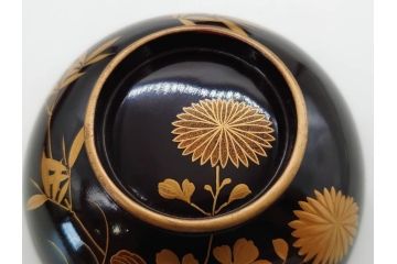 明治〜大正期　輪島塗　沈金蒔絵　木製　菊竹図　雅やかな図柄が素敵な蓋付お椀6客セット(漆器、漆芸、金彩、和食器)(R-077232)
