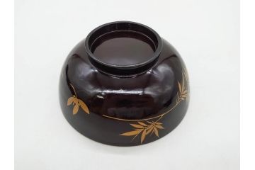 明治〜大正期　輪島塗　沈金蒔絵　木製　菊竹図　雅やかな図柄が素敵な蓋付お椀6客セット(漆器、漆芸、金彩、和食器)(R-077232)
