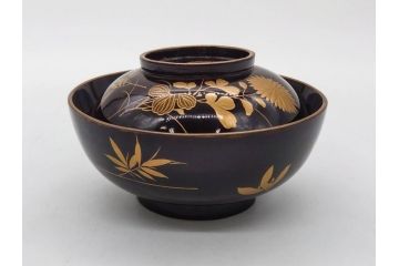 明治〜大正期　輪島塗　沈金蒔絵　木製　菊竹図　雅やかな図柄が素敵な蓋付お椀6客セット(漆器、漆芸、金彩、和食器)(R-077232)
