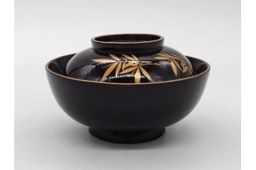 明治〜大正期　輪島塗　沈金蒔絵　木製　菊竹図　雅やかな図柄が素敵な蓋付お椀6客セット(漆器、漆芸、金彩、和食器)(R-077232)