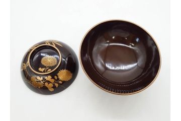 明治〜大正期　輪島塗　沈金蒔絵　木製　菊竹図　雅やかな図柄が素敵な蓋付お椀6客セット(漆器、漆芸、金彩、和食器)(R-077232)