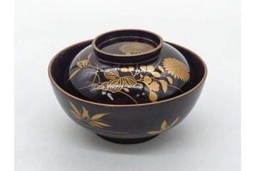 明治〜大正期　輪島塗　沈金蒔絵　木製　菊竹図　雅やかな図柄が素敵な蓋付お椀6客セット(漆器、漆芸、金彩、和食器)(R-077232)
