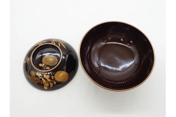 明治〜大正期　輪島塗　沈金蒔絵　木製　菊竹図　雅やかな図柄が素敵な蓋付お椀6客セット(漆器、漆芸、金彩、和食器)(R-077232)