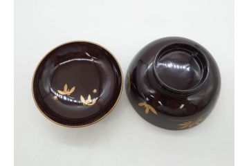 明治〜大正期　輪島塗　沈金蒔絵　木製　菊竹図　雅やかな図柄が素敵な蓋付お椀6客セット(漆器、漆芸、金彩、和食器)(R-077232)
